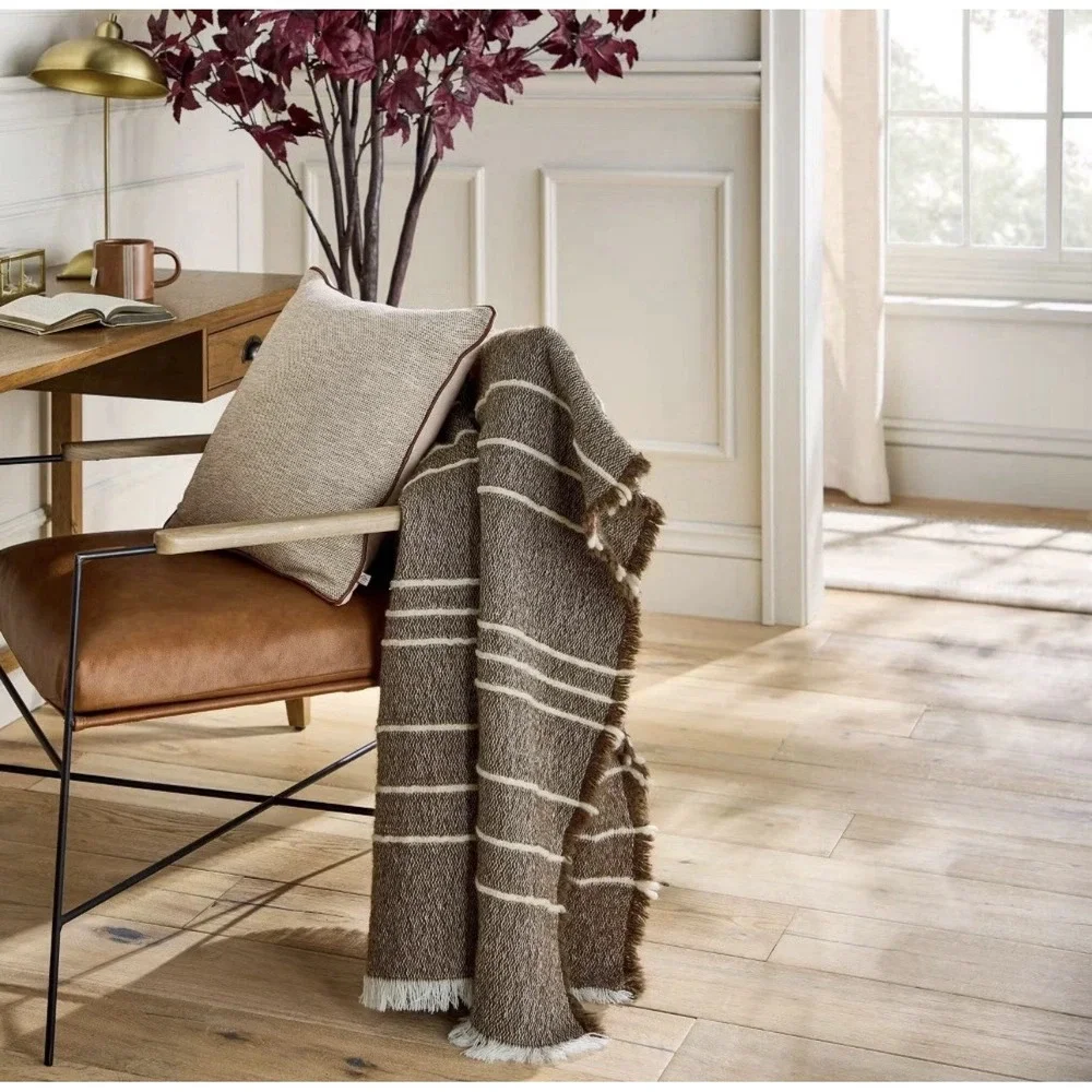 Hearth & Hand Magnolia Throw Blanket Chocolate Brown Cream Stripe Farmhouse Fall
